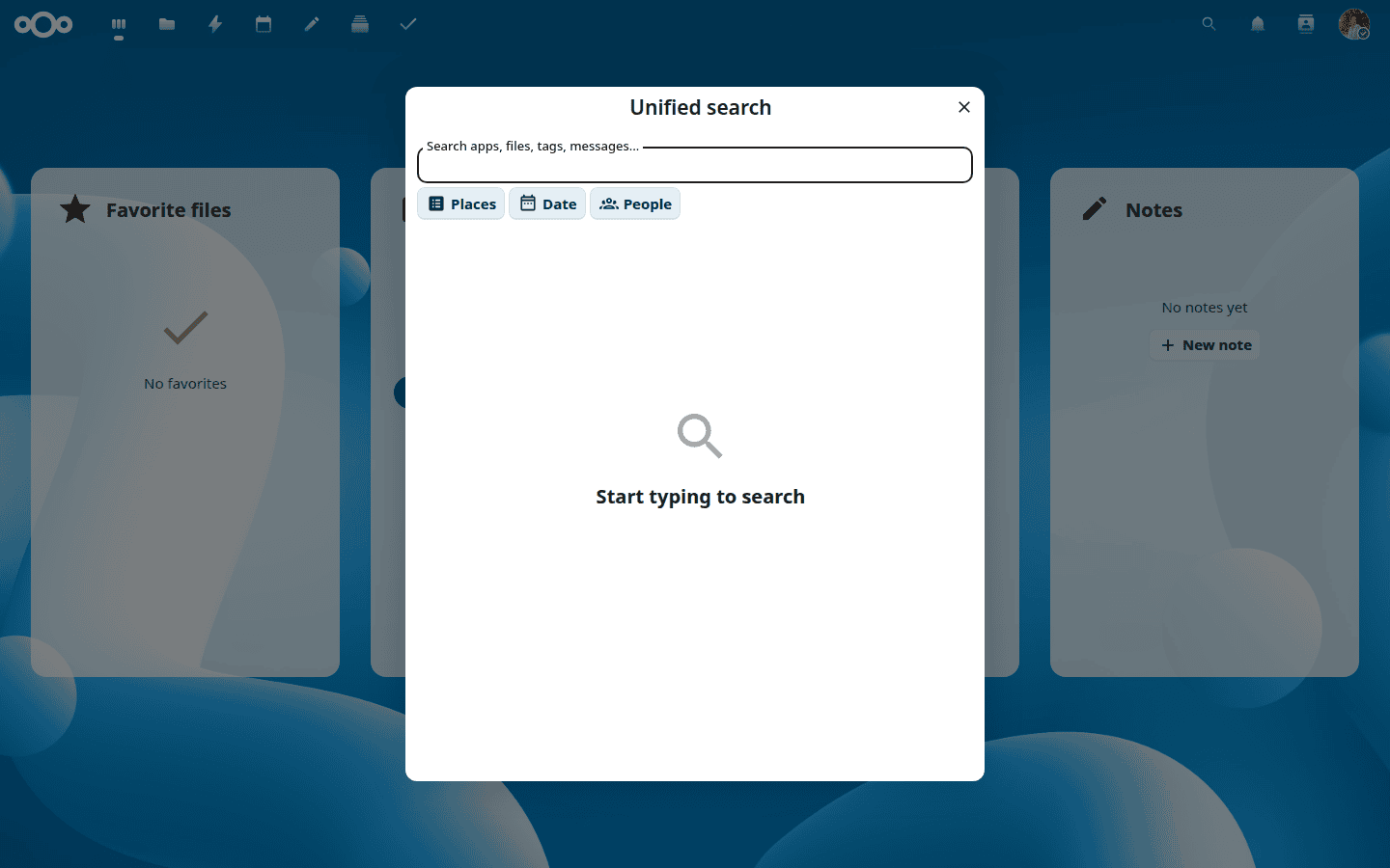 The unified search modal with Places, Date, and People filters.